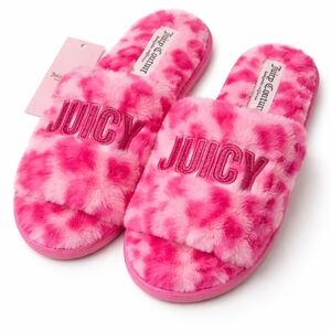 Juicy Couture Pink Fuzzy Slide Slippers Sparkly Logo ▪︎ Plush ▪︎ Size: 7-8